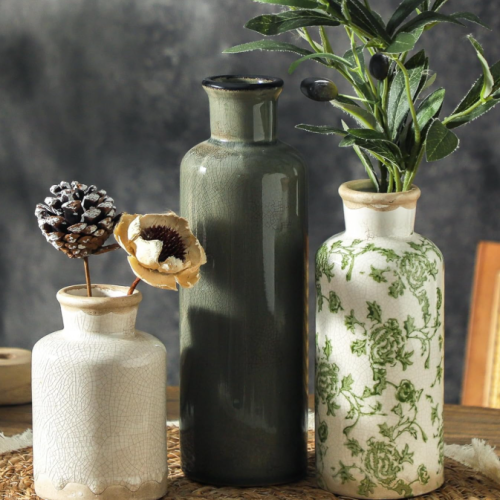 Vintage Ceramic Vase Set (3 Pieces) – Chinese Rustic-Style Decor
